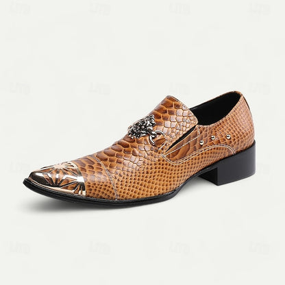 Men's Pattern Shoes Brown with Snake Metal Slip-On Leather