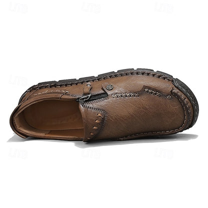 Side Brown Leather Men's Loafers Faux with Slip-On Zipper