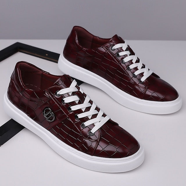 Leather Pattern Sneakers Faux with Crocodile Burgundy Men's