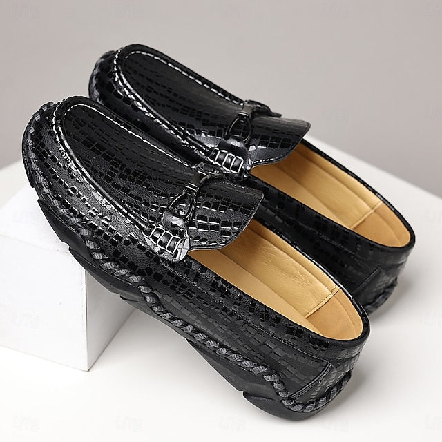 Black Driving – Loafers Textured Men’s Moc-Toe Crocodile
