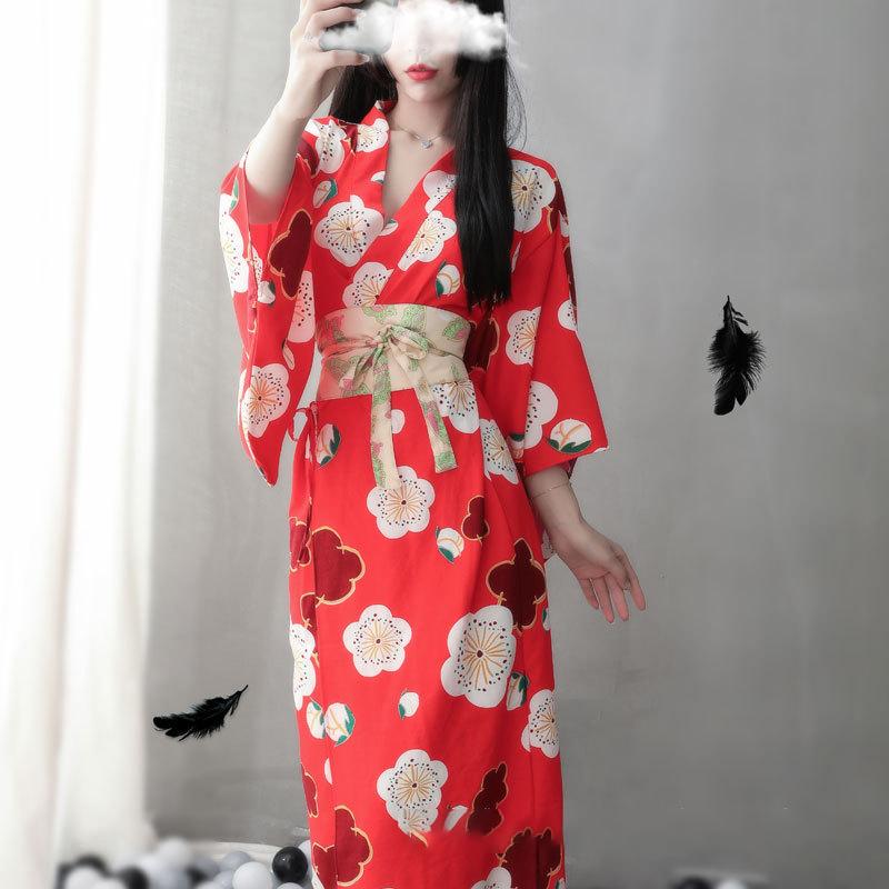 Red Sakura Print Kimono Lingerie Nightdress