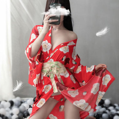 Red Sakura Print Kimono Lingerie Nightdress