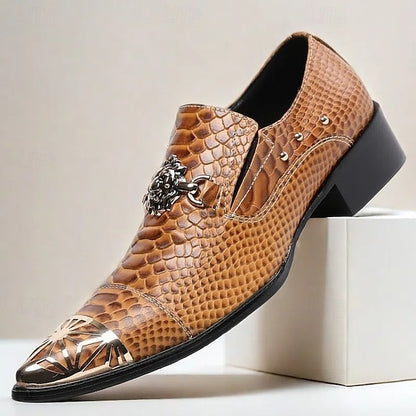 Men's Pattern Shoes Brown with Snake Metal Slip-On Leather
