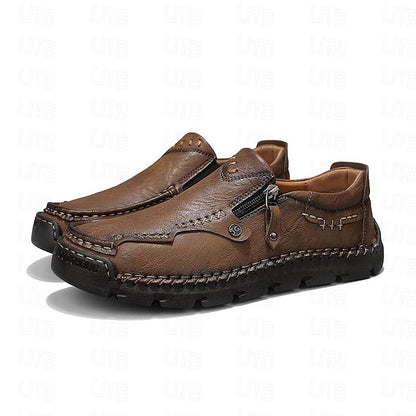 Side Brown Leather Men's Loafers Faux with Slip-On Zipper