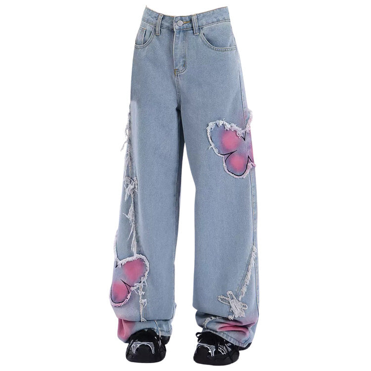 Y2K Pink Butterfly Wide Leg Jeans