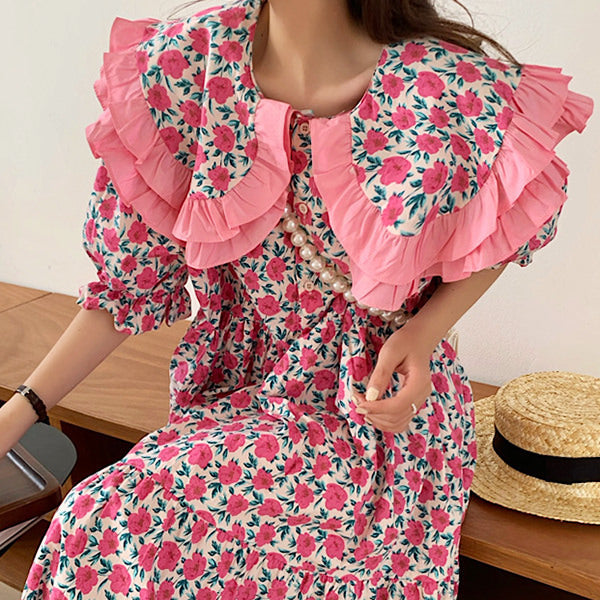 Lace Collar Pink Floral Dress