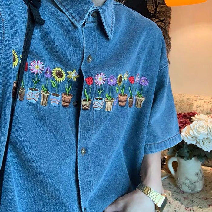 Floral Pots Embroidery Denim Shirt