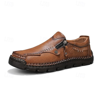 Side Brown Leather Men's Loafers Faux with Slip-On Zipper