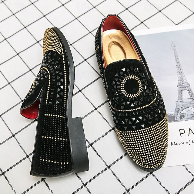 Velvet Studded Black Men's - Spiral Prom with Loafers Shoes