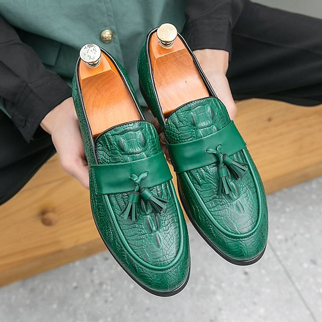 Crocodile Leather Faux with Green Loafers Men's Embossed
