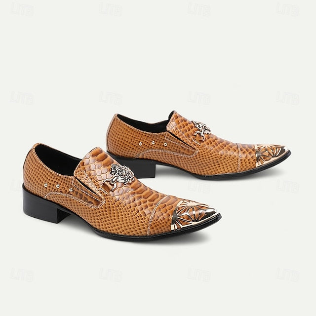 Men's Pattern Shoes Brown with Snake Metal Slip-On Leather