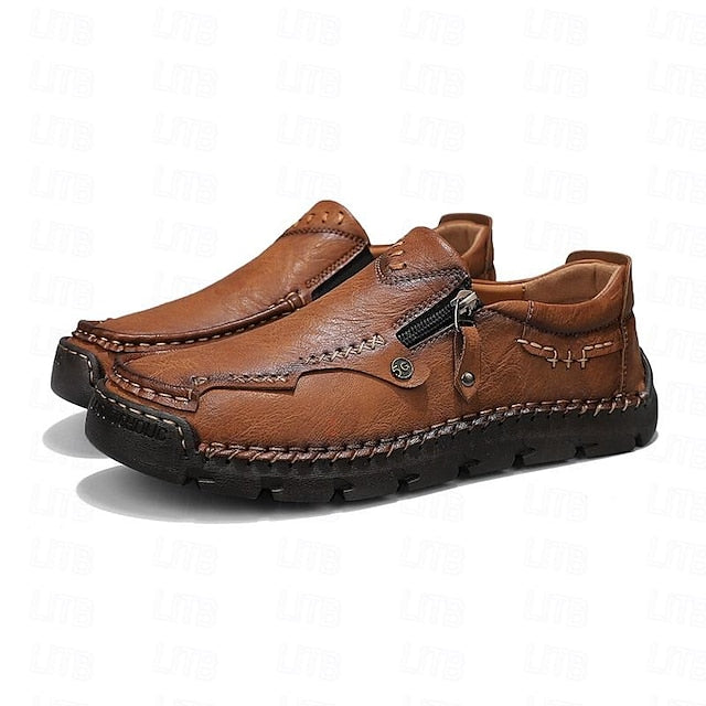 Side Brown Leather Men's Loafers Faux with Slip-On Zipper