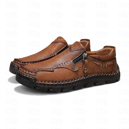 Side Brown Leather Men's Loafers Faux with Slip-On Zipper