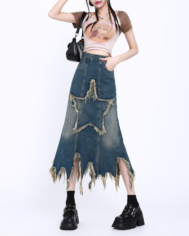 Y2K Star Long Denim Skirt