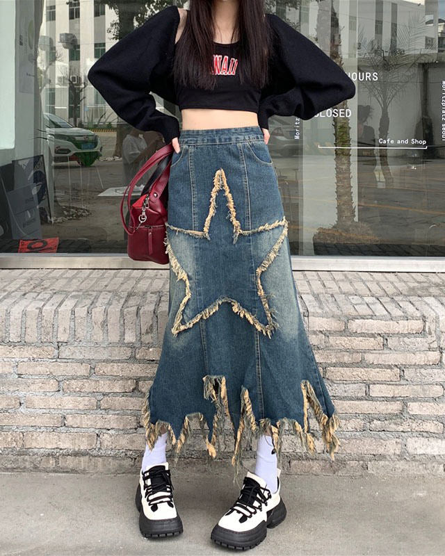 Y2K Star Long Denim Skirt