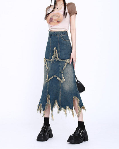 Y2K Star Long Denim Skirt