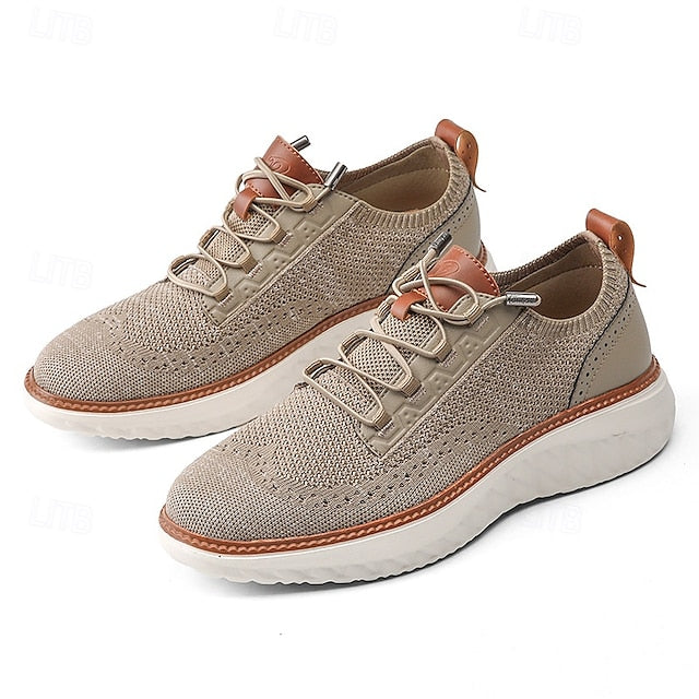 with Knit Shoes Sneakers Lace-Up Beige Men's Lightweight