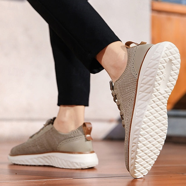 with Knit Shoes Sneakers Lace-Up Beige Men's Lightweight