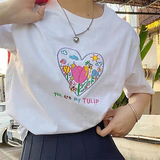 Tulip Embroidery Heart T-Shirt