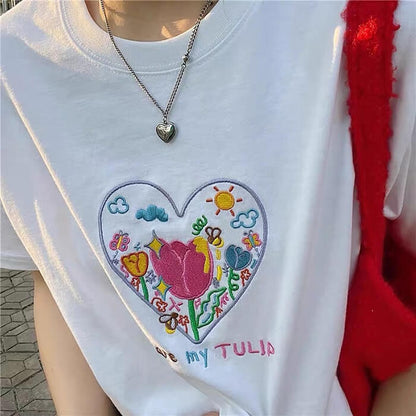 Tulip Embroidery Heart T-Shirt