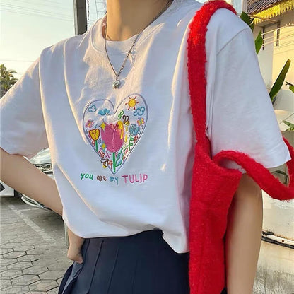 Tulip Embroidery Heart T-Shirt