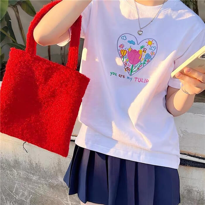 Tulip Embroidery Heart T-Shirt