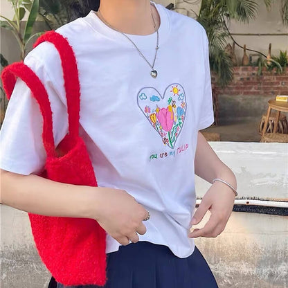 Tulip Embroidery Heart T-Shirt