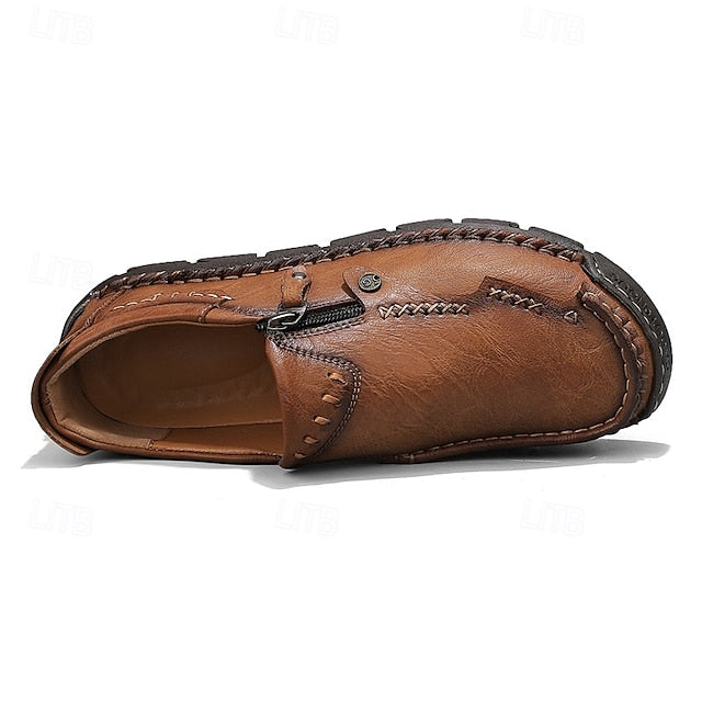 Side Brown Leather Men's Loafers Faux with Slip-On Zipper