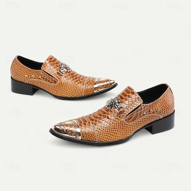 Men's Pattern Shoes Brown with Snake Metal Slip-On Leather