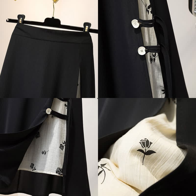 Vintage Buckle T-Shirt Floral Print Stitching Split Skirt