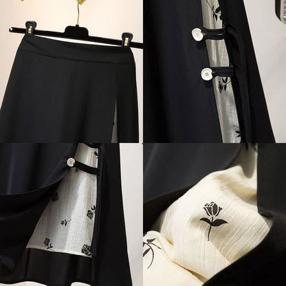 Vintage Buckle T-Shirt Floral Print Stitching Split Skirt