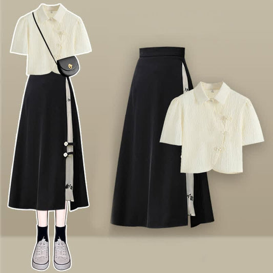 Vintage Buckle T-Shirt Floral Print Stitching Split Skirt