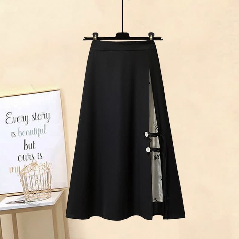 Vintage Buckle T-Shirt Floral Print Stitching Split Skirt