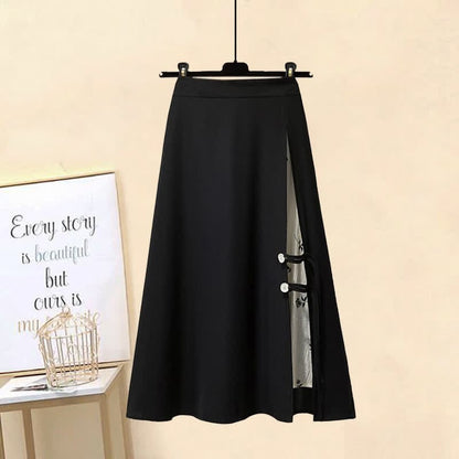 Vintage Buckle T-Shirt Floral Print Stitching Split Skirt