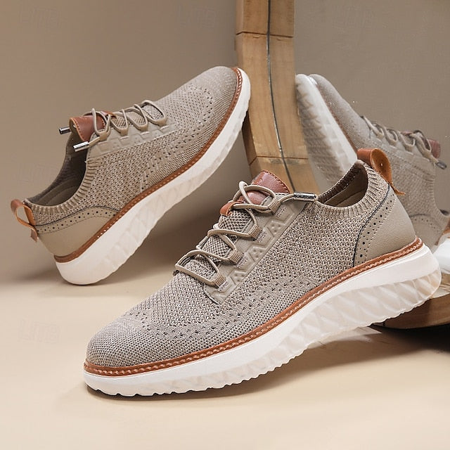with Knit Shoes Sneakers Lace-Up Beige Men's Lightweight