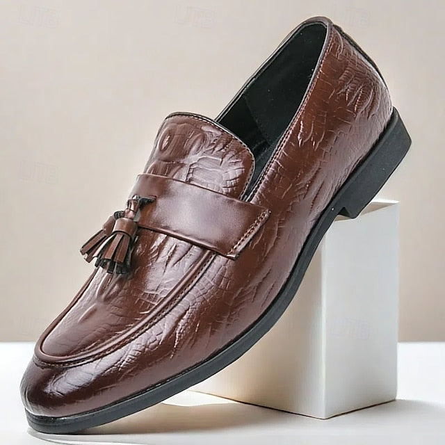 Crocodile Leather Faux with Green Loafers Men's Embossed