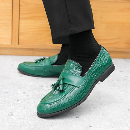 Crocodile Leather Faux with Green Loafers Men's Embossed