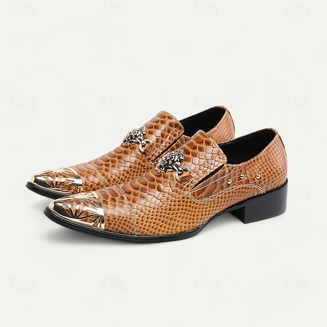 Men's Pattern Shoes Brown with Snake Metal Slip-On Leather