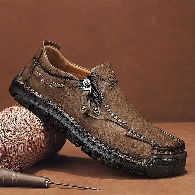 Side Brown Leather Men's Loafers Faux with Slip-On Zipper