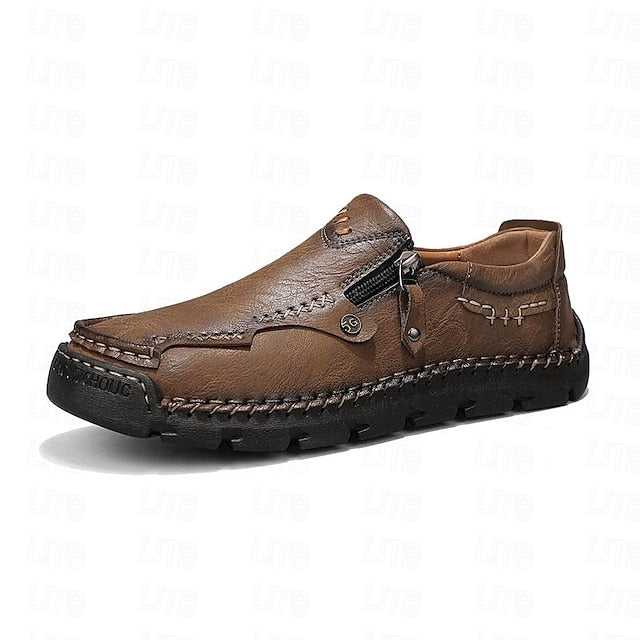 Side Brown Leather Men's Loafers Faux with Slip-On Zipper