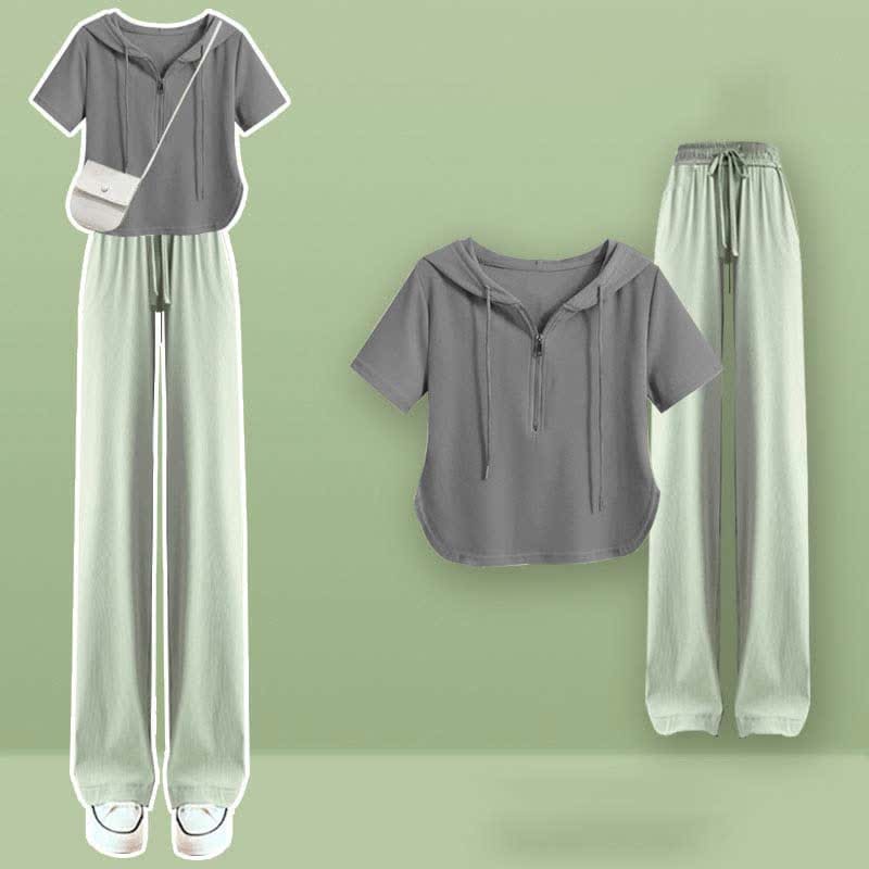 Zipper Draw String T-Shirt Casual Wide Leg Pants - Grey Set