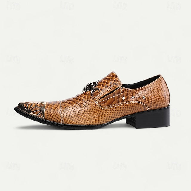 Men's Pattern Shoes Brown with Snake Metal Slip-On Leather