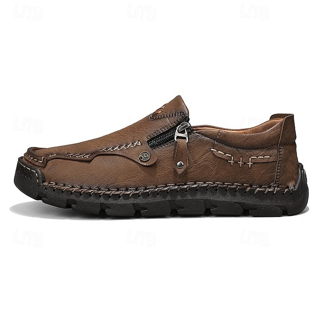 Side Brown Leather Men's Loafers Faux with Slip-On Zipper