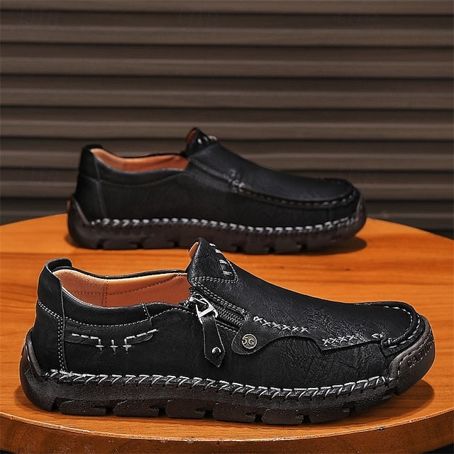 Side Brown Leather Men's Loafers Faux with Slip-On Zipper