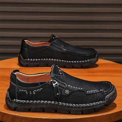 Side Brown Leather Men's Loafers Faux with Slip-On Zipper