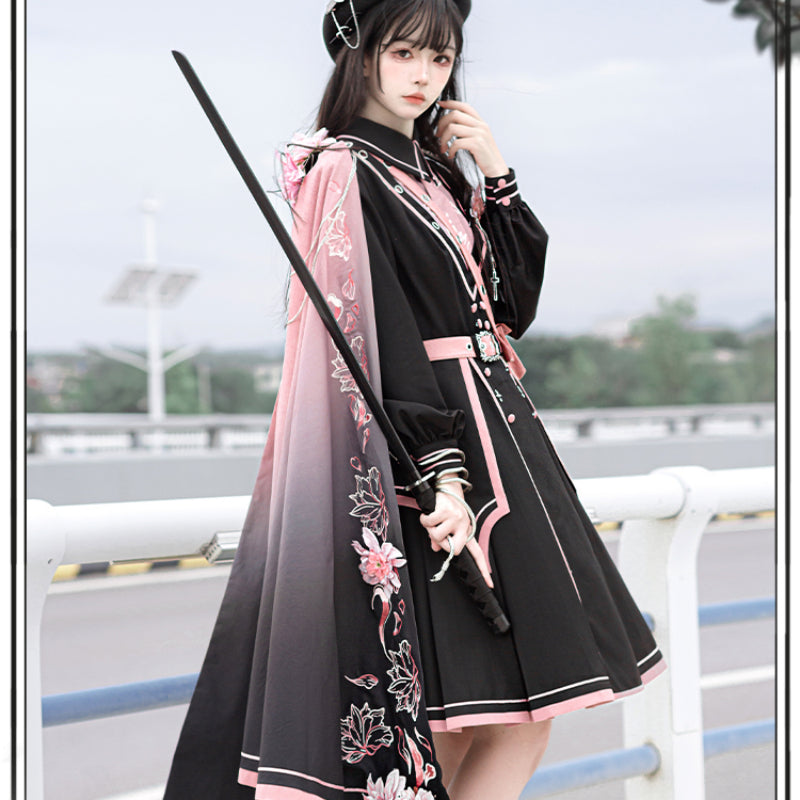 Black Pink Military Lolita Cape and Dress ON1089 MK Kawaii Store