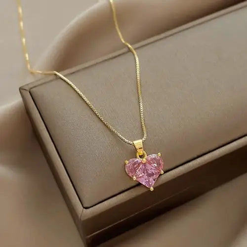 18K Gold Filled Pink Heart Necklace LIN35 - Pink（no box）