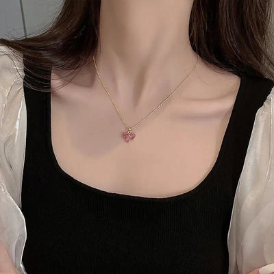 18K Gold Filled Pink Heart Necklace LIN35 - Pink（no box）