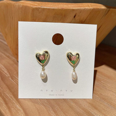 French Tulip Love-Heart Pearl Earrings