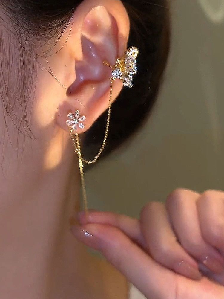 Butterfly flower ear clip one-piece tassel earrings W449 Wonderland Case